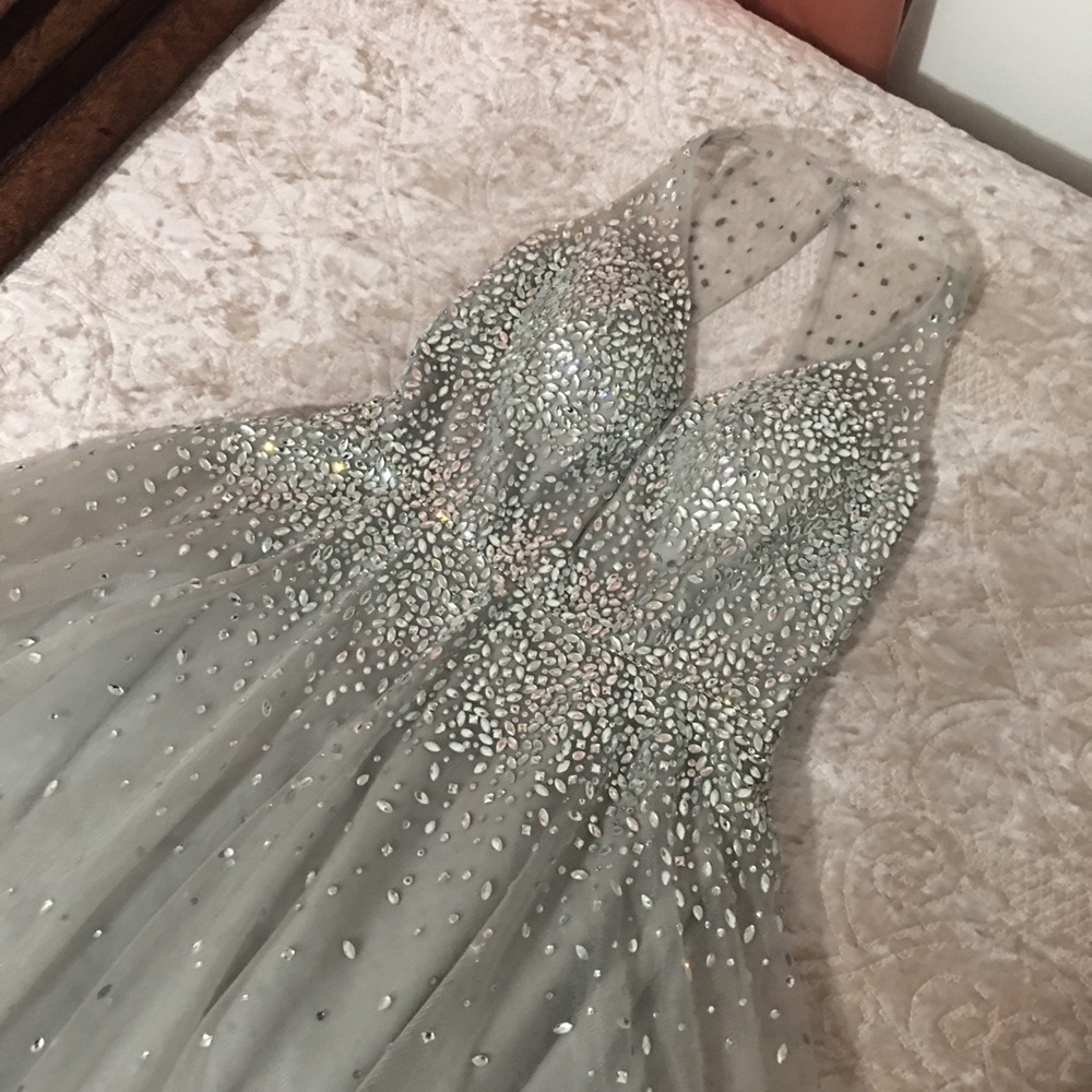 Silver Crystal Embellished Tulle Ball Gown - Picture 3 of 16